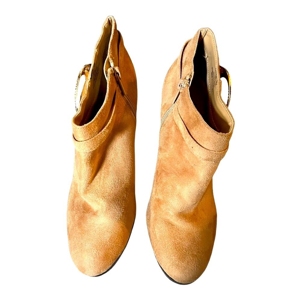 IMPO Odea camel tan brushed textile upper ankle boot gold outer detail 4” heel. - Picture 6 of 9